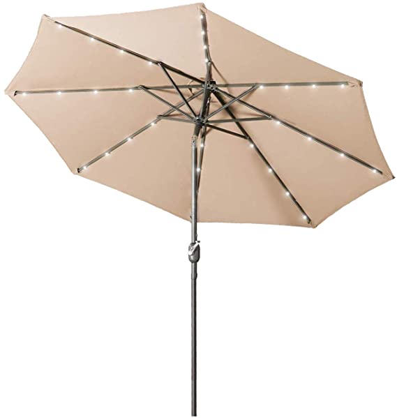 Aok Garden 9 FT LED Patio Umbrella Lighted Solar Power Outdoor Umbrella with Push Button Tilt and Crank,Sand