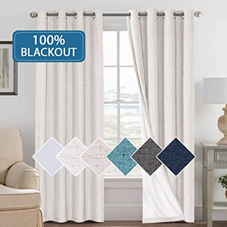 H.VERSAILTEX Linen Textured 100% Blackout Curtain for Bedroom Room Darkening Window Drapes for Living Room, Thick Curtains Thermal Insulated White Liner 2 Panels (52 x 96 Inch, Ivory)