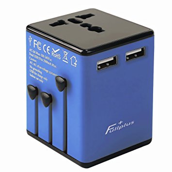 FullPlus Travel Adapter, Universal Travel Plug With Dual 2.5A USB Ports US To UK EU AU All In One Worldwide Travel Power Adapter Safety Fuse Protection Adaptor International AC Wall Charger