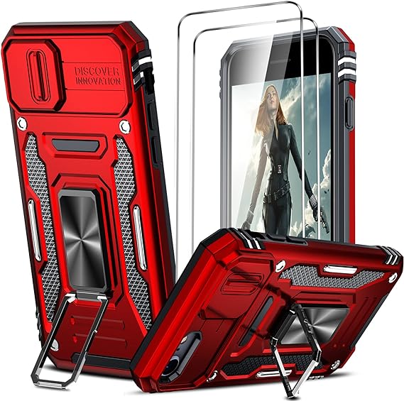 LeYi for iPhone 8 Case: iPhone 7 Case: iPhone SE 2022 Case with Slide Camera Cover   [2 Packs] Tempered Glass Screen Protector, Full Body Military-Grade Case with Upgrade Kickstand for iPhone 8,Red