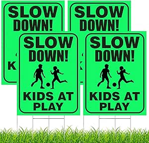 4 Pieces Slow Down Kids At Play Sign with Metal Stake, 12 x 16 Inch Kids At Play Safety Signs, Double Sided Child Safety Caution Signs, Children Sign for Street, Lawn Neighborhoods(Green, Slow Down)