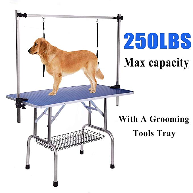 Gelinzon Pet Grooming Table for Large Dogs Adjustable Height -Portable Trimming Table Drying Table w/Arm/Noose/Mesh Tray Maximum Capacity Up to 220-300Lb Blue