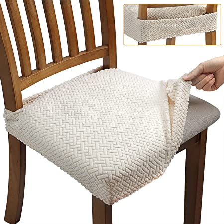 Fuloon Stretch Jacquard Chair Seat Covers for Dining Room, Removable Washable Chair Seat Protector Slipcovers (Beige, 4)