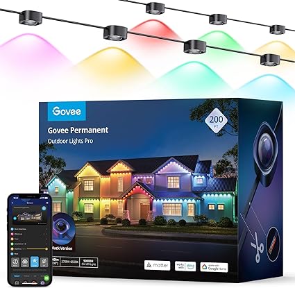 Govee Permanent Outdoor Lights Pro, 200ft with 120 RGBIC Warm Cold White LED Lights, 75 Scene Modes for Halloween, Christmas, IP67 Waterproof, Work with Alexa, Google Assistant, Matter, Black Version