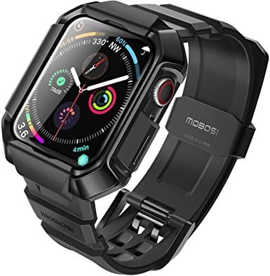 MOBOSI Watch Band Compatible with iWatch 44mm Series 6/5/4/SE with Case, Military Grade Rugged Protective Case with Breathable TPU Sport Band Compatible with iWatch Series 6/5/4/SE - Black