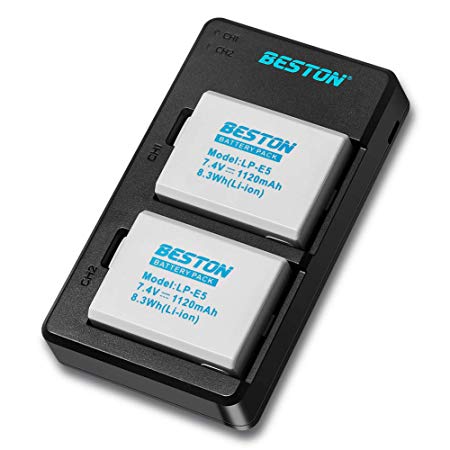BESTON 2-Pack LP-E5 Battery Packs and Rapid USB Charger for Canon EOS Rebel T1i, XS, XSi Cameras
