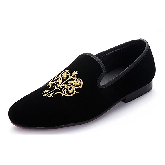 Fulinken Men's Fashion Velvet Slip-on Shoes Round Toe Slippers Mens Casual Embroidered Loafers Black / Blue / Red