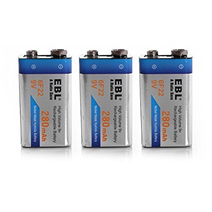 EBL 280mAh 9 Volt Ni-MH Rechargeable 9V Batteries, 3 Pack