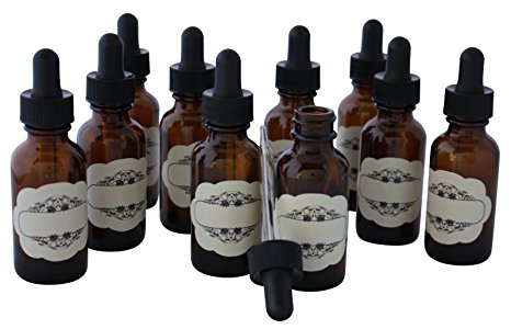 1 Oz (30 ml) Amber Glass Bottles Boston round with glass eye dropper   Include LABELS for your marking convenience (20)