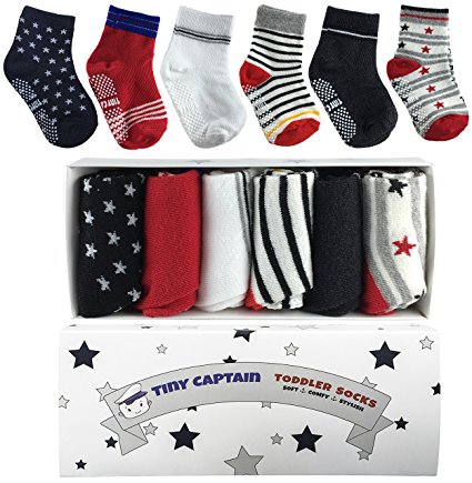 Toddler Boy Non Slip Socks, Best Gift For 1-3 Year Old Boys Baby Gifts Anti Slip Non Skid Grip Socks Gift Set by Tiny Captain (Red and Black)
