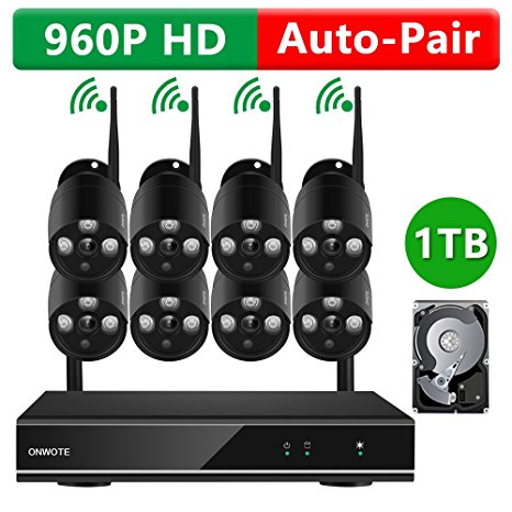 [1TB Hard Drive Pre-installed] ONWOTE 8 Channel 1080P HD NVR Wireless WiFi Security Camera System with 8 Outdoor 960P HD 1.3 MP IP Surveillance Camera for Home with 1TB Hard Drive