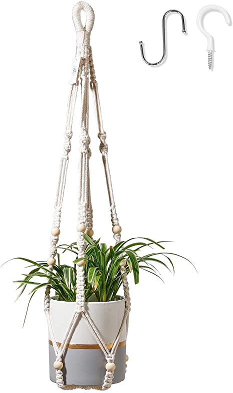 POTEY 610102 Macrame Plant Hanger with Bead and 2 PCS Hooks Indoor Outdoor Hanging Plant Holder Hanging Planter Stand Flower Pots for Decorations - Cotton Rope, 4 Legs, 35 Inch (Pot NOT Included)