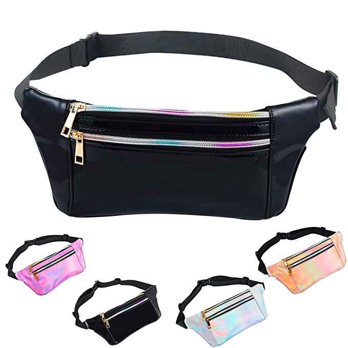 Holographic Fanny Pack for Women and Men - iAbler Metallic 80s Waterproof Shiny Fanny Packs with Adjustable Belt Fashion Waist Bum Bag for Party, Festival, Rave, Hiking, Trip