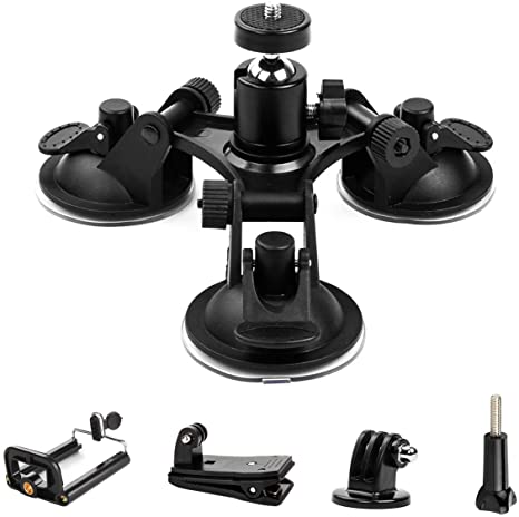 Geila Triple Cup - Camera Suction Mount - Car Mount Triple Suction Cup Mount with 1/4 Threaded Head 360 Degree Tripod Ball Head