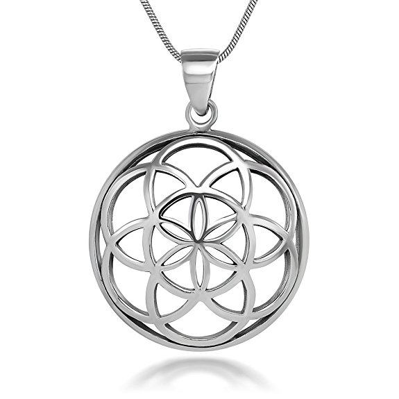 925 Sterling Silver Seed of Life Mandala 28 mm Round Circle Charm Pendant Necklace, 18 inches