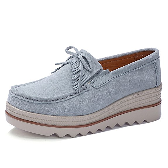 STQ Women Slip On Tassel Platform Loafers Suede Moccasin Comfortable Wedge Work Shoes