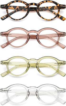 KoKoBin 4-Pack Small Round Reading Glasses Comfortable Readers Colored Stylish Frame for Women