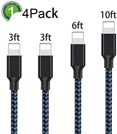 iPhone Charger,Mfi Certified Lightning Cables 4Pack 3FT 3FT 6FT 10FT to USB Syncing Data and Nylon Braided Cord Charger for iPhone XS/Max/XR/X/8/6Plus/6S/7Plus/7/8Plus/SE/iPad and More