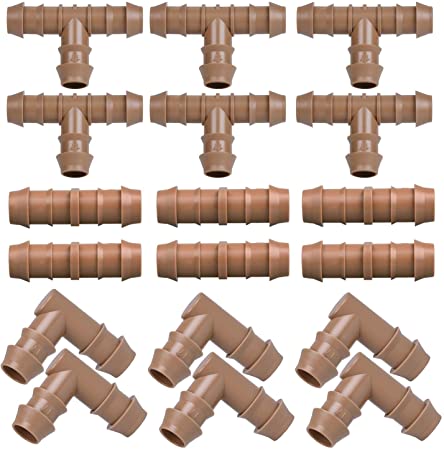 iRunning 18 Pieces Irrigation Fittings Kit (17mm) for 1/2” Tubing (0.600”ID) – Including 6 Tees, 6 Couplings, 6 Elbows – Barbed Connectors for Sprinkler and Drip Irrigation Systems …