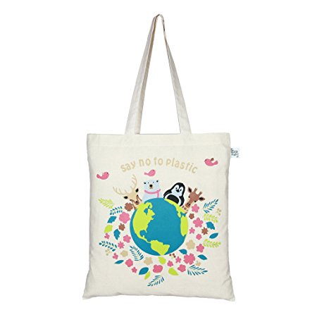 EcoRight Reusable 100% Cotton EcoFriendly Tote Bag Printed "Happy Planet" (Natural) - 0101G01