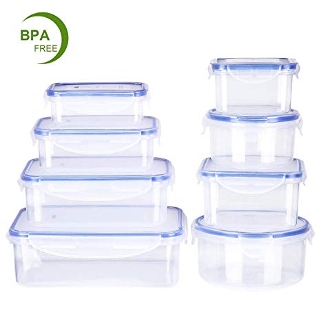 Deik Food Containers, BPA Free Clear Plastic Food Storage Container Set with Lids，Airtight Leak Proof Easy Snap Lock Food Prep Containers, Safe for Dishwasher, Freezer, Microwave, 8 Pack, FDA Approved