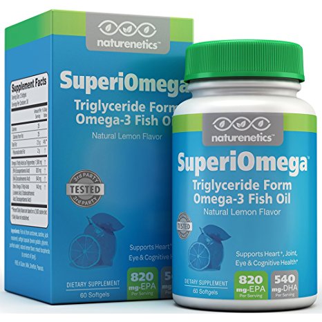 SuperiOmega, Triglyceride Omega-3 Fish Oil by Naturenetics; 1500mg Omega-3 Fatty Acids, 820mg EPA, 540mg DHA Per Serving, 3rd Party Tested, Natural Lemon Flavor, 1 Month Supply