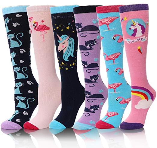 Girls Knee High Socks Cute Animal Pattern Soft Novelty Cotton Socks For Kid Child 6 Pack