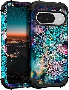 Hocase for Google Pixel 9 Case, Shockproof Heavy Duty Protection Hard Plastic Silicone Rubber Bumper Hybrid Protective Case for Google Pixel 9/9 Pro 6.3" 2024 - Mandala in Galaxy