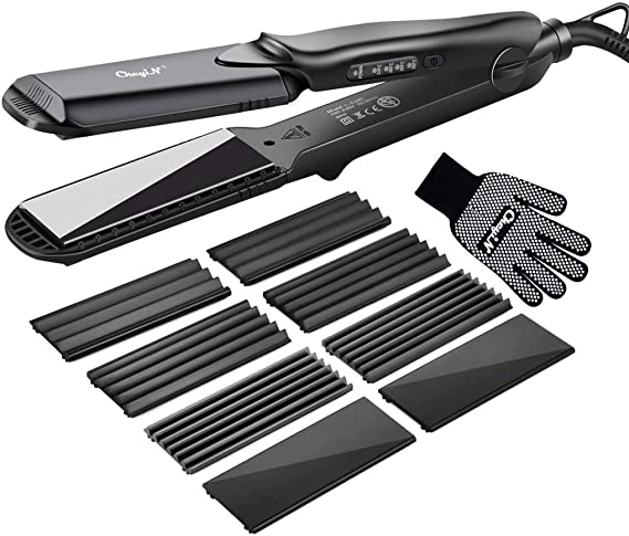 CkeyiN 4 in 1 Hair Crimper, Hair Waver Hair Straightener Curling Iron with 4 Interchangeable, Tourmaline Ceramic Plate Adjustable Temperature for All Hair Types
