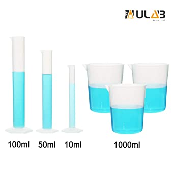 ULAB Scientific Stackable Graduated Plastic Beaker and Measuring Cylinder Set, Including 3pcs of 1000ml beakers, 3pcs of Graduated Plastic cylinders 10ml 50ml 100ml, Molded Graduation, UBP1006