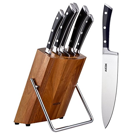 Aicok Kitchen Knife Block Set, German High Carbon Stainless Steel Knife Set with Wooden Block, 6 Pieces