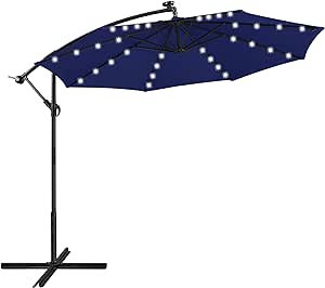 Yaheetech 10FT Solar Offset Umbrella with 32 LED Lights Cantilever Hanging Outdoor Umbrellas Handy Crank & Cross Base for Lawn/Deck/Backyard/Pool Navy Blue