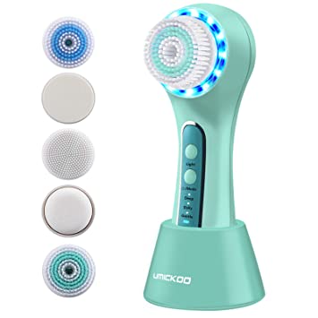 UMICKOO Facial Cleansing Brush,Rechargeable IPX7 Waterproof with 5 Brush Heads,Face Brush Use for Exfoliating, Massaging and Deep Cleansing (Mint-Green)