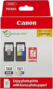 Canon Pack Cartouche Encre & Papier - PG-560/CL-561 Cartouches authentiques pour imprimante - 2 packs (1x noir, 1x couleur) & papier photo 4x6 (50x feuilles) - Compatible avec l'imprimante Canon PIXMA