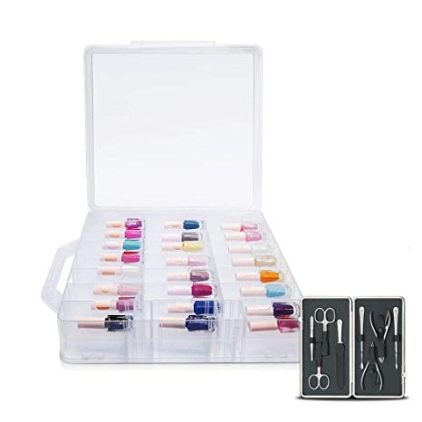 Universal Nail Polish Holder See-Through Counter Case Polish Storage for 48 Bottles Space Saver Transparent Color with A Free Nail Clipper Set