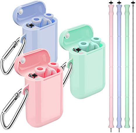 Comvin Reusable Straws, 3 Pack Collapsible Silicone Portable Travel Straw with Case and Brush, BPA Free for Cold or Hot Drinks Like Lemonade, Sodas, or Coffee, Pink, Mint Green, Lavender