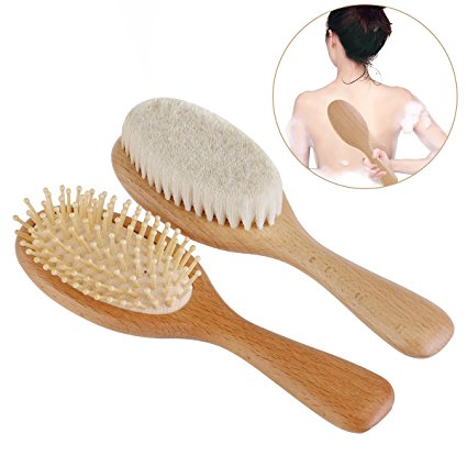 NUOLUX 2pcs Wooden Hair Brush and Comb Set - Bath Brush for Back Scrubber Exfoliating Skin - Beech Massage Brush for Hair Head Soft Wool