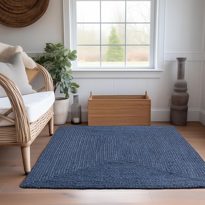 Super Area Rugs Farmhouse Jute Braided Rug - Reversible Natural Fiber- Eco Friendly Rug for Living Room - Kitchen - Entryway Hand Woven, Navy, Rectangle 5' X 7'