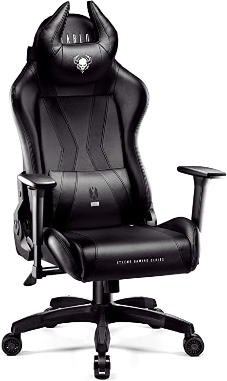 Diablo X-Horn Gaming Chair Office Desk 3D Armrests Ergonomic Design Neck/Lumbar Cushion Faux Leather Tilting Mechanism (black-black, L)