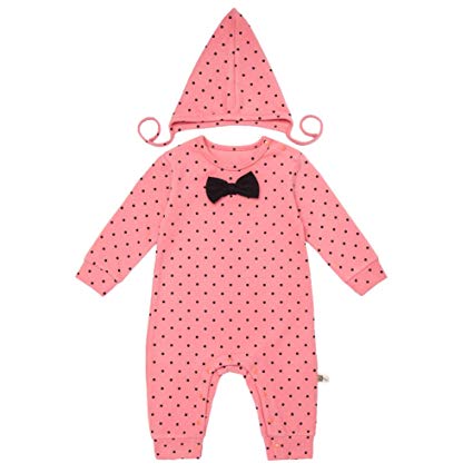 Teeker Unisex Baby Jumpsuit Cotton Onesies Romper Dot Printed Long Sleeve Baby Bodysuit with Cap Bow Decor