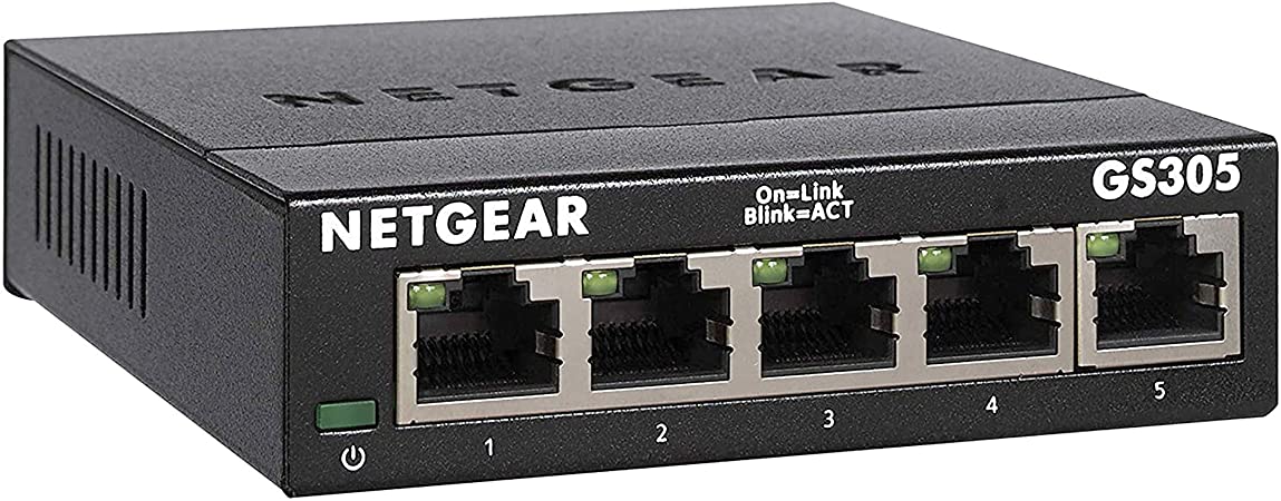 NETGEAR 5-Port Gigabit Ethernet Unmanaged Switch (GS305) - Home Network Hub, Office Ethernet Splitter, Plug-and-Play, Fanless Metal Housing, Desktop or Wall Mount