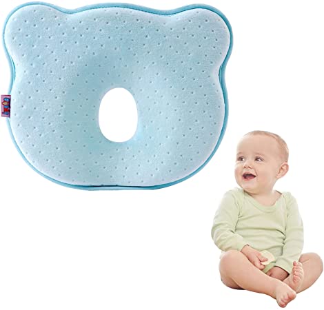 Abnaok Baby Head Shaping Pillow, Newborn Pillow, 3D Memory Foam Infant Pillow for Sleeping Newborn Prevent Flat Head Surport Head & Neck Pillow for Carseat, Stroller (Blue)