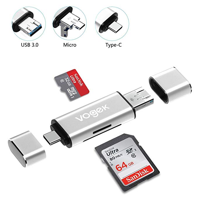 Vogek SD Card Reader, 3-in-1 USB 3.0 / USB C/Micro USB Card Reader - SD, Micro SD, SDXC, SDHC, Micro SDHC, Micro SDXC Memory Card Reader Macbook PC Tablets Smartphones OTG Function (silver)