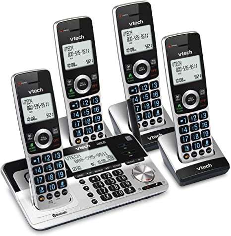 VTech VS113-4 Extended Range 4 Handset Cordless Phone for Home with Call Blocking, Connect to Cell Bluetooth, 2" Backlit Screen, Big Buttons, and Answering System, Silver & Black