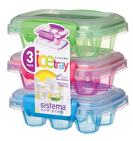 Sistema Klip It Accents Collection Set of 3 Ice Cube Trays with Covers, Assorted Colors