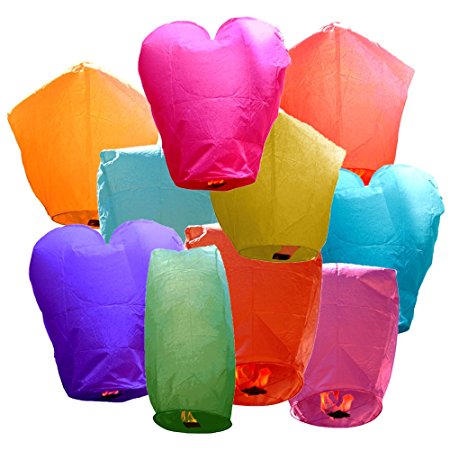 Just Artifacts 10 ECO Wire-free Assorted Chinese Flying Sky Lanterns (10-Pack, Assorted Shapes & Colors) - 100% Biodegradable, Environmentally Friendly!