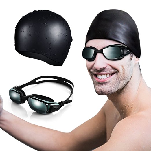 OMorc Swimming Goggles with Silicone Swim Cap No Leaking Anti Fog UV Protection Swim Glasses Set for Adult Men Women