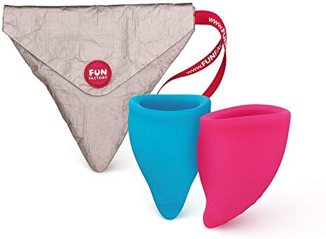FUN FACTORY Fun Cup Menstrual Cup Set | 2 Menstrual Cups & Menstrual Cup Bag | 2 Small Menstrual Cup | Reusable Cup Alternative Period Protection to Tampons (Pink/Turquoise)