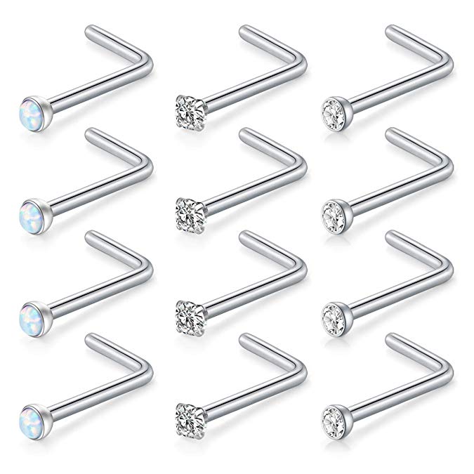 vcmart 12pcs 18G 316L Surgical Steel 1.5mm 2mm 2.5mm 3mm Jeweled Opal & Clear CZ Nose L-Shaped Rings Studs Ring Body Piercing Jewelry
