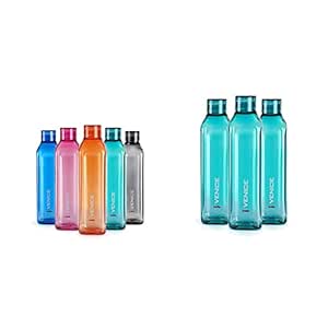 Cello Venice Plastic Bottle Set, 1 Litre, Set of 5, Assorted & Venice Plastic Water Bottle, 1 Litre, Set of 3, Green Combo